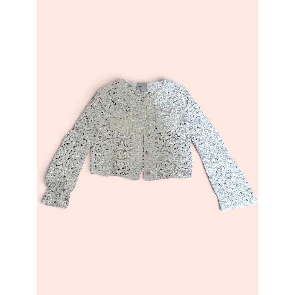 Jason Wu Women Off White Guipure Lace Cropped Button Front Cardigan XS-P